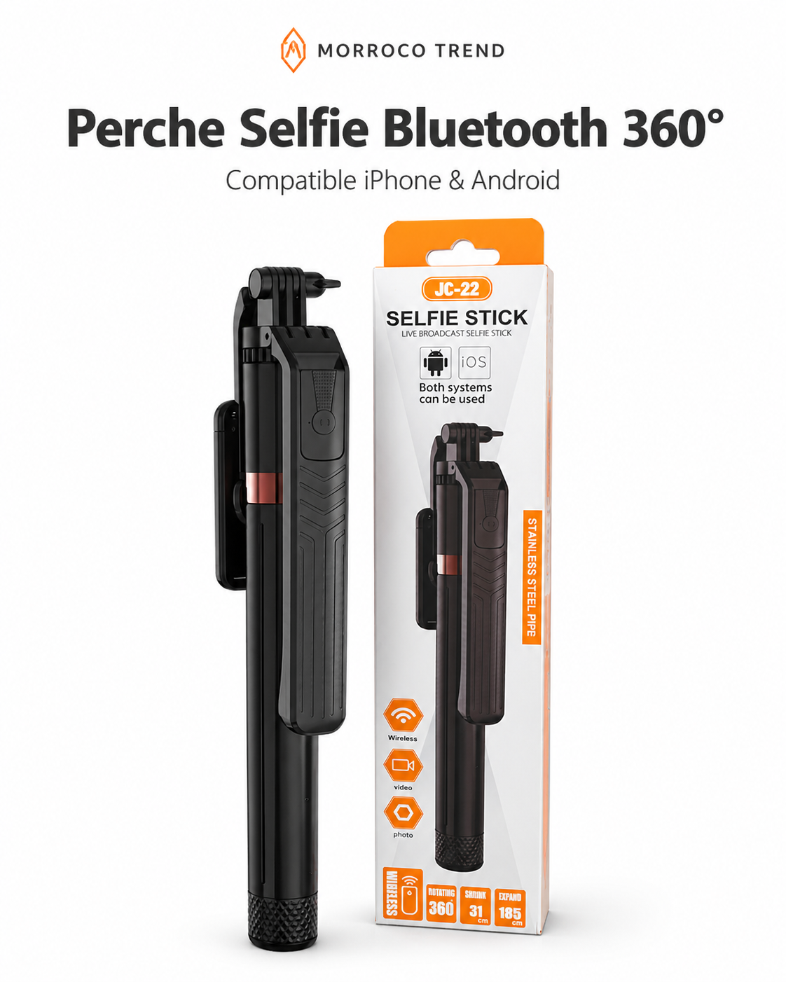 Perche Selfie Bluetooth 360° avec Trépied Intégré – Compatible iPhone & Android