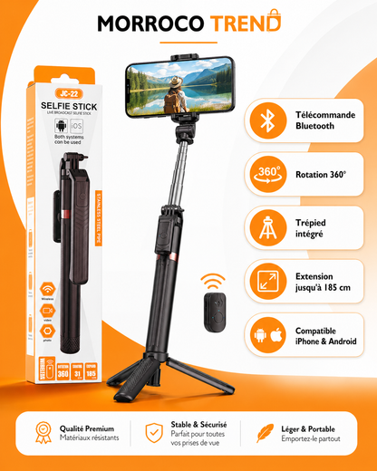 Perche Selfie Bluetooth 360° avec Trépied Intégré – Compatible iPhone & Android