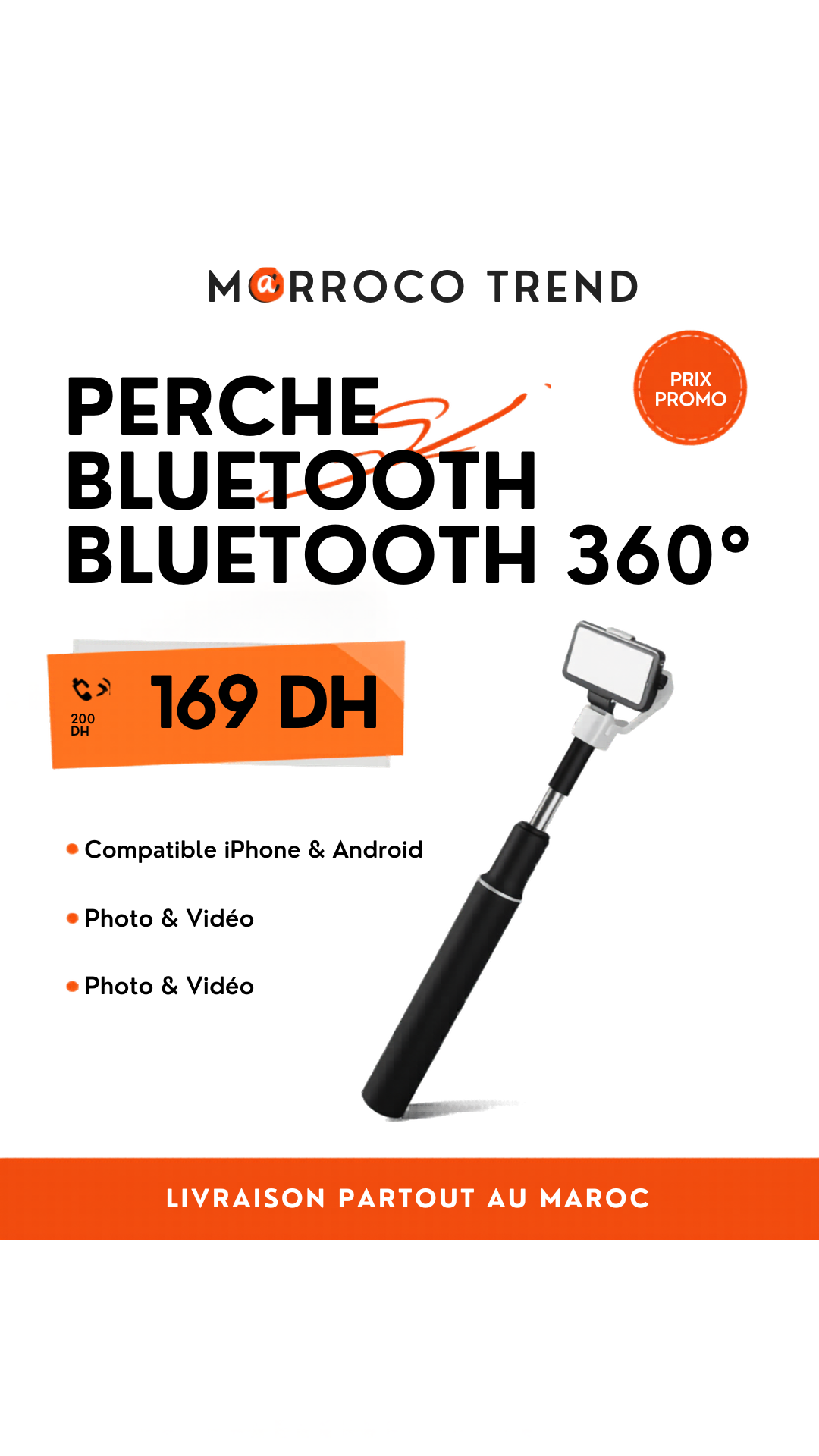 Perche Selfie Bluetooth 360° avec Trépied Intégré – Compatible iPhone & Android
