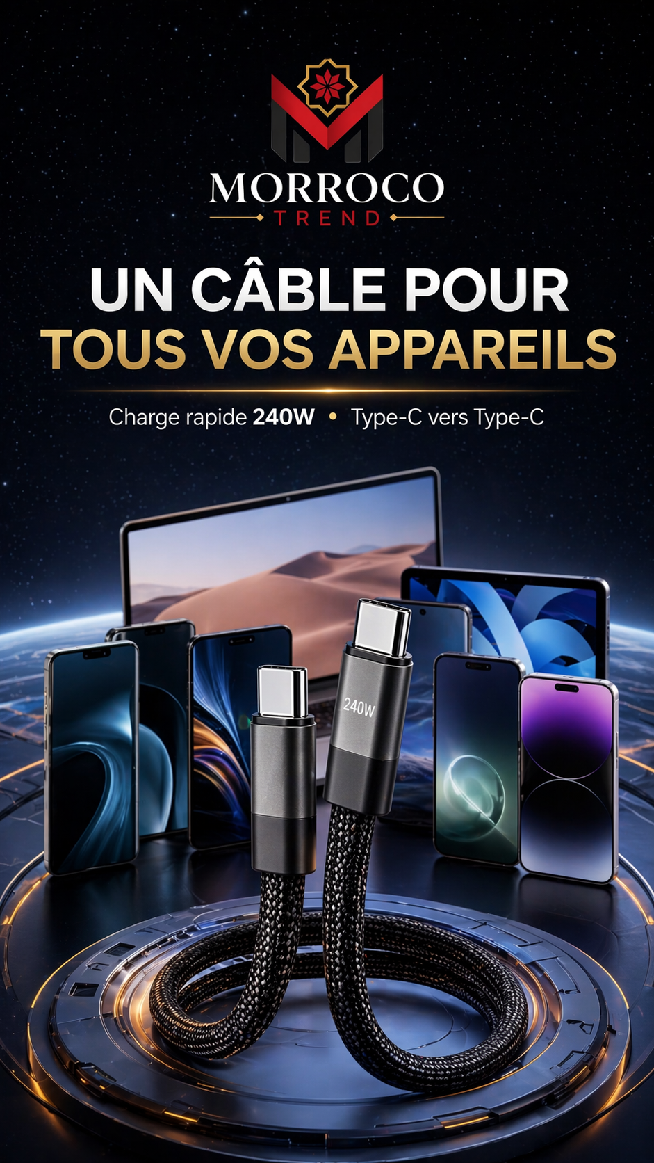 Câble Charge Rapide 240W avec Support Téléphone Intégré
